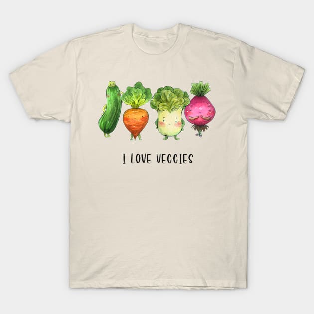 "I love Veggies" Cute Watercolour Handmade T-Shirt by Carlotta Mascolo Art